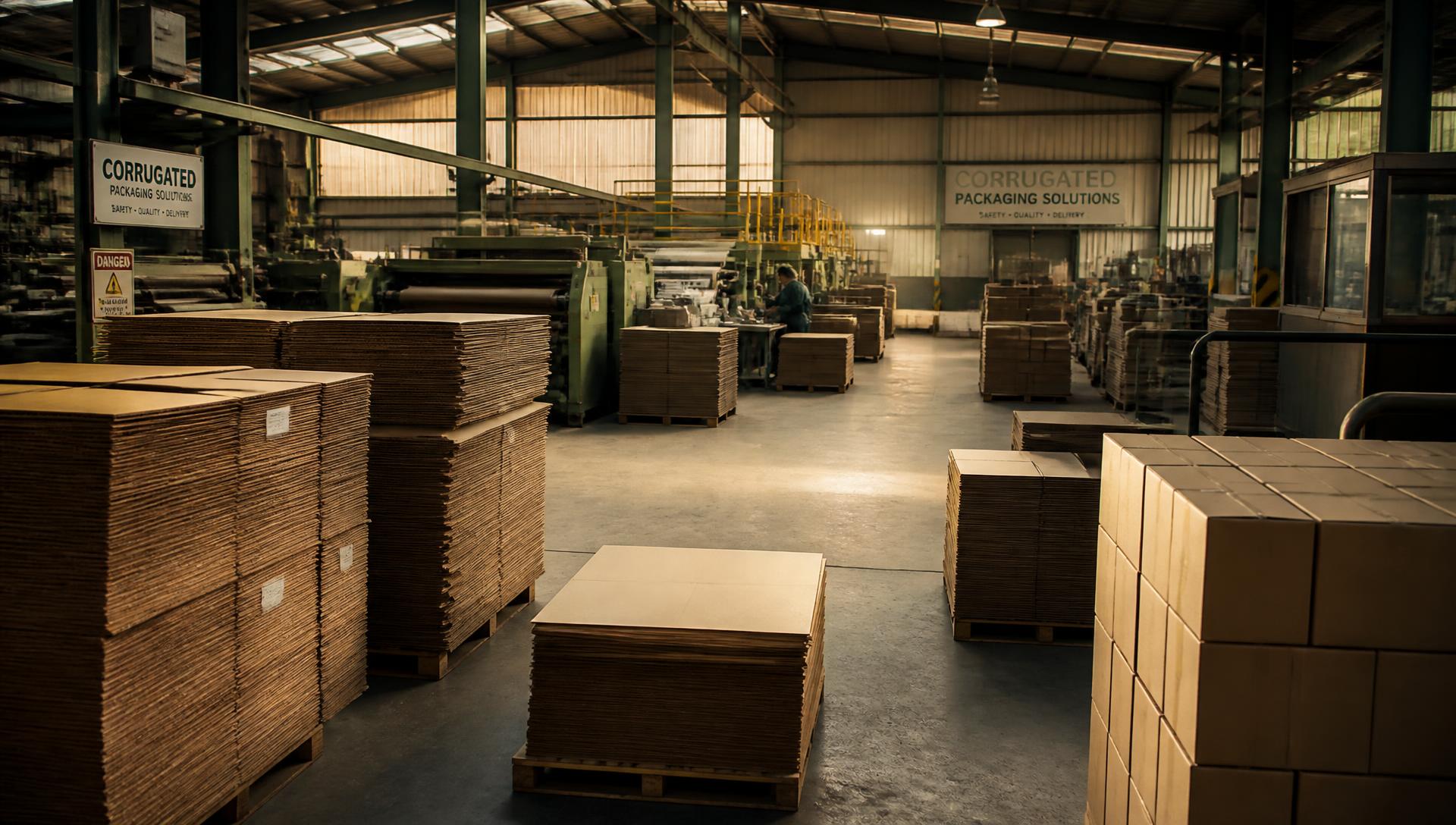 Corrugated packaging factory interior with stacked kraft sheets and finished boxes